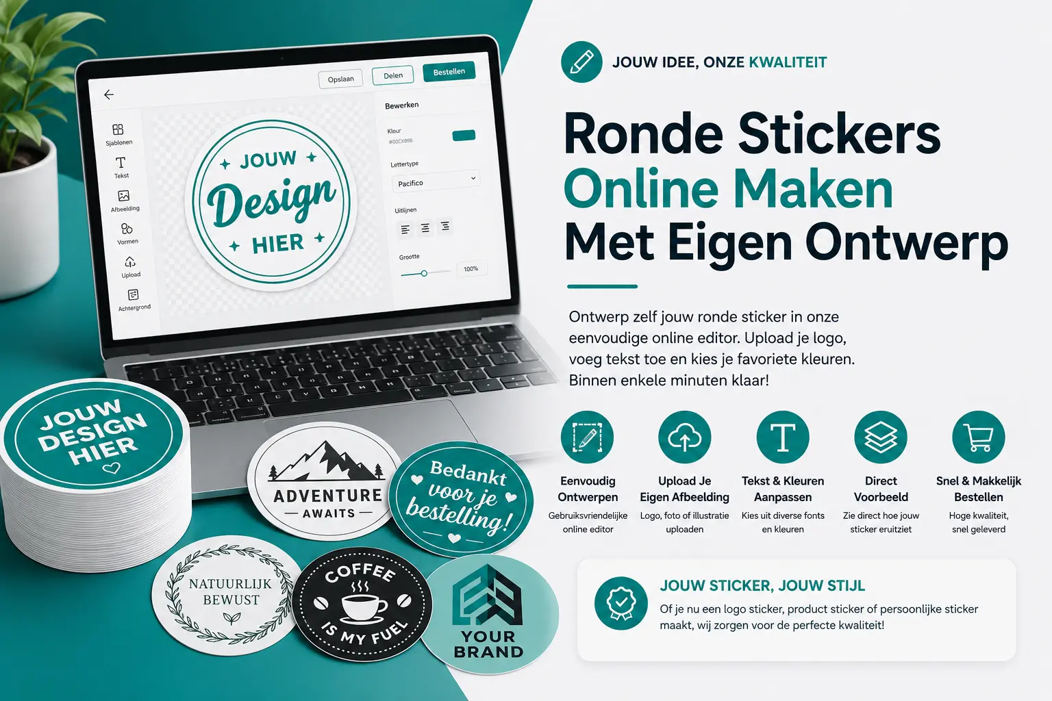 Ronde stickers online maken met eigen ontwerp - Ontwerp je eigen ronde sticker in onze gratis online editor en bestel direct